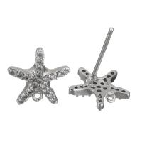 Brass Earring Stud Component, Starfish, silver color plated, with loop & micro pave cubic zirconia 0.5mm Approx 0.5mm 