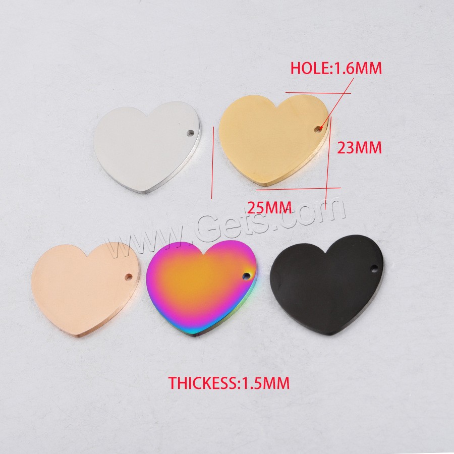 pendentifs de cœur en inox , acier inoxydable, coeur, poli, normes différentes pour le choix, plus de couleurs à choisir, Trou:Environ 1.5-1.8mm, 20PC/sac, Vendu par sac