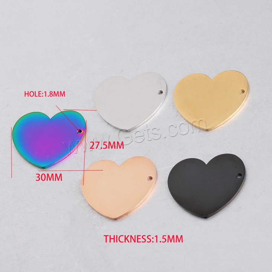 pendentifs de cœur en inox , acier inoxydable, coeur, poli, normes différentes pour le choix, plus de couleurs à choisir, Trou:Environ 1.5-1.8mm, 20PC/sac, Vendu par sac