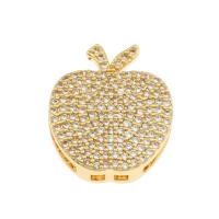 Brass Slide Charm, Apple, gold color plated, micro pave cubic zirconia 