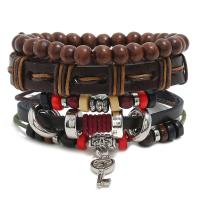 Faux Leather Bracelet Set, with Waxed Cotton Cord & Linen & Wood & Copper Coated Plastic, Adjustable & three pieces & Unisex, mixed colors, 180mm 