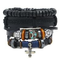 Faux Leather Bracelet Set, with Linen & PU Leather & Wood & Zinc Alloy, 4 pieces & Adjustable & for man, mixed colors, 180mm 