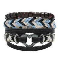 Faux Leather Bracelet Set, with Linen & Wood & Copper Coated Plastic, Adjustable & three pieces & for man, mixed colors, 180mm 