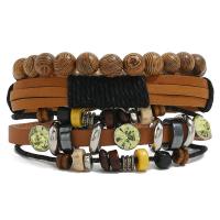 Faux Leather Bracelet Set, with Linen & Wood & Copper Coated Plastic & Zinc Alloy, plated, Adjustable & three pieces & Unisex, mixed colors, 180mm 