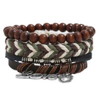 Faux Leather Bracelet Set, with Linen & Wood & Iron & Zinc Alloy, plated, Adjustable & three pieces & Unisex, mixed colors, 180mm 