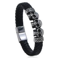 PU Leather Cord Bracelets, with Stainless Steel, Skull, fashion jewelry & Unisex 