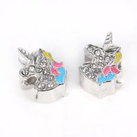 Zinc Alloy Animal Beads, Unicorn, plated, DIY & with rhinestone, silver color, 15*9mm 