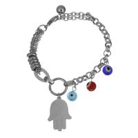 Stainless Steel Bracelet, with Resin, Evil Eye Hamsa, charm bracelet & evil eye pattern & oval chain & for woman, original color  6mm Approx 8 Inch 