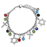 Stainless Steel Bracelet, with Resin, with 1.5Icnh extender chain, charm bracelet & evil eye pattern & oval chain & for woman, original color  4mm Approx 6.5 Inch 