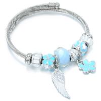 Titanium Steel Bangle, with Lampwork & enamel & Zinc Alloy, Flower, silver color plated, Adjustable & for woman, 200mm 