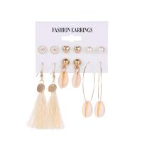 Zinc Alloy Earring Set, Stud Earring & earring, with Cotton Thread & Shell & Plastic Pearl, plated, 6 pieces & for woman, mixed colors 