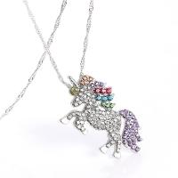 Zinc Alloy Sweater Chain Necklace, Unicorn, plated, for woman & with rhinestone, silver color, 41*23mm 
