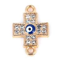 Zinc Alloy Connector, Cross, plated, evil eye pattern & with rhinestone & 1/1 loop, golden, 19*13mm 