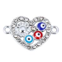 Zinc Alloy Connector, Heart, plated, evil eye pattern & enamel & with rhinestone & 1/1 loop, silver color, 16*24mm 