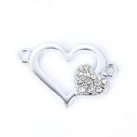Rhinestone Zinc Alloy Connector, Heart, plated, with rhinestone & 1/1 loop, silver color, 17*25mm 