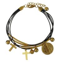 Stainless Steel Charm Bracelet, with PU Leather, with 1.5Inch extender chain, gold color plated, for woman & multi-strand  1mm Approx 7.5 Inch 