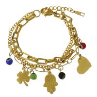 Stainless Steel Bracelet, with 1Inch extender chain, gold color plated, charm bracelet & evil eye pattern & for woman & multi-strand  4mm,5.5mm,3mm Approx 7 Inch 