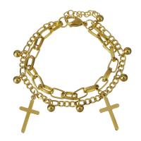 Stainless Steel Charm Bracelet, with 1Inch extender chain, Cross, gold color plated, for woman & multi-strand  4mm,6mm Approx 7 Inch 