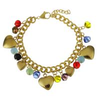 Stainless Steel Charm Bracelet, with Crystal, with 1Inch extender chain, gold color plated, curb chain & for woman  6.5mm Approx 7.5 Inch 