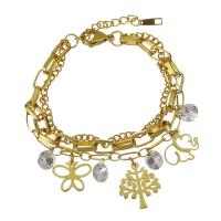 Stainless Steel Charm Bracelet, with Crystal, with 1Inch extender chain, gold color plated, for woman & multi-strand  4mm,6mm,3mm Approx 7 Inch 