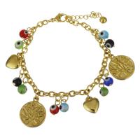 Stainless Steel Bracelet, with Resin, with 1Inch extender chain, gold color plated, charm bracelet & evil eye pattern & oval chain & for woman  4mm Approx 7 Inch 