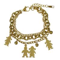 Stainless Steel Charm Bracelet, with 1Inch extender chain, gold color plated, for woman & multi-strand  4mm,7mm,3mm Approx 7 Inch 