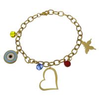 Stainless Steel Charm Bracelet, with Crystal, gold color plated, oval chain & for woman  6mm Approx 8 Inch 