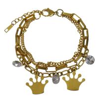 Stainless Steel Charm Bracelet, with Crystal, with 1Inch extender chain, gold color plated, for woman & multi-strand  4mm,5.5mm,3mm Approx 7 Inch 