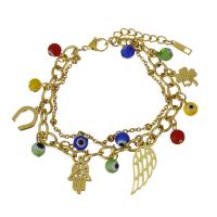 Stainless Steel Bracelet, with Resin, with 1Inch extender chain, gold color plated, charm bracelet & evil eye pattern & for woman &  6mm,2mm Approx 7 