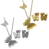 Fashion Stainless Steel Jewelry Sets, Stud Earring & necklace, with 2Inch extender chain, Butterfly, plated, oval chain & for woman & frosted 1.5mm Approx 17 Inch 