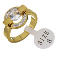 Нержавеющая сталь Rhinestone палец кольцо, нержавеющая сталь, с клей, плакирован золотом, Женский, 14mm, размер:8, продается PC