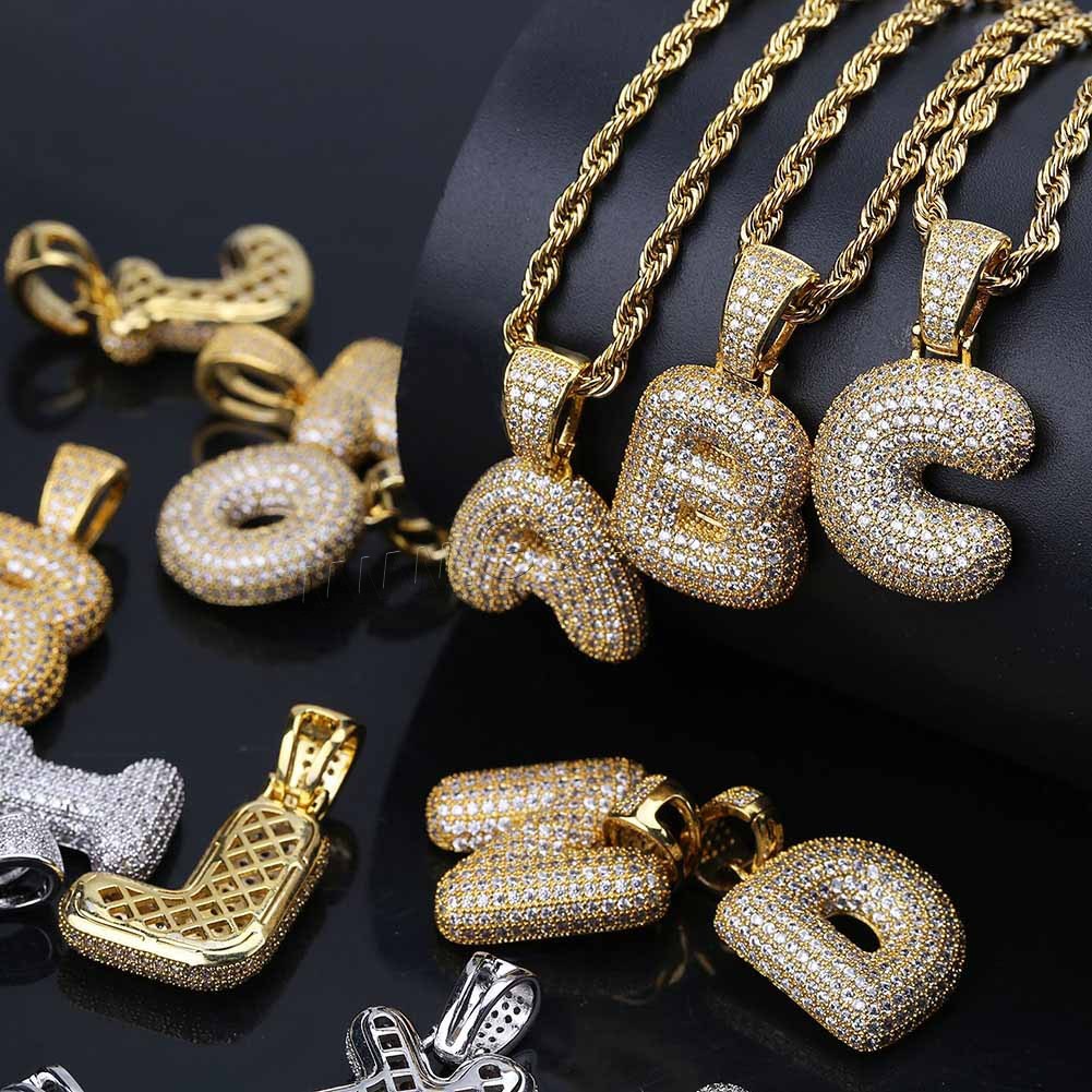 Cubic Zircon Micro Pave Brass Necklace, with stainless steel chain, Alphabet Letter, plated, rope chain & different styles for choice & micro pave cubic zirconia, more colors for choice, 20x31mm, Length:Approx 24 Inch, Sold By Strand