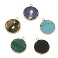 Gemstone Brass Pendants, with Brass, Flat Round, gold color plated Approx 2.4mm 