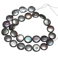 Coin Cultured Freshwater Pearl Beads, Button, black, 13-14mm Approx 0.8mm 