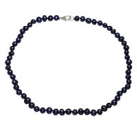 Freshwater Pearl Sweater Chain Necklace, brass lobster clasp, Rice, silver color plated, for woman, dark blue, 6-7mm Approx 33 Inch 