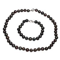 Brass Freshwater Pearl Jewelry Sets, bracelet & necklace, brass lobster clasp, silver color plated, 2 pieces & for woman, black, 9-10mm Approx 34.2 Inch, Approx 7.5 Inch 