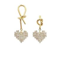 Zinc Alloy Asymmetric Earrings, Heart, gold color plated, for woman & with rhinestone  