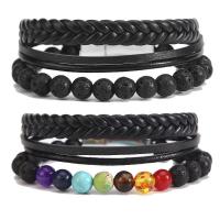 Natural Stone Bracelet, with PU Leather & Zinc Alloy, plated, multilayer & Unisex Inch 