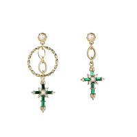 Zinc Alloy Drop Earring, with Crystal, sterling silver post pin, Cross, real gold plated, vintage & Korean style & without earnut & for woman, green 