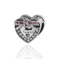Zinc Alloy Heart Beads, plated, DIY & with rhinestone, silver color, 10*10mm 