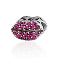 Rhinestone Zinc Alloy Beads, Lip, plated, DIY & with rhinestone, pink, 8*11mm Approx 5mm 