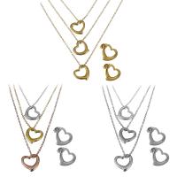 Fashion Stainless Steel Jewelry Sets, Stud Earring & necklace, with 2Inch extender chain, Heart, plated, oval chain & for woman & multi-strand 1.5mm Approx 15 Inch 