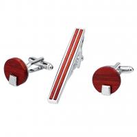 Brass Tie Clip Cufflink Set, tie clip & cufflink, with Red Sandalwood, silver color plated, fashion jewelry & for man, 16mm 