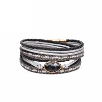 PU Leather Cord Bracelets, with Crystal & Zinc Alloy, plated, fashion jewelry & for woman & with rhinestone, grey 