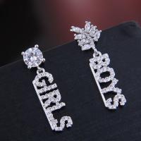 Asymmetric Earrings, Brass, plated, micro pave cubic zirconia & for woman, silver color, 27*6mm 