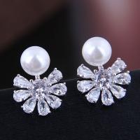Cubic Zircon Brass Earring, with Cubic Zirconia & Plastic Pearl, plated, for woman, silver color, 18*14mm 