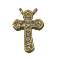 Латунь крест подвески, Kресты, плакирован золотом, инкрустированное микро кубического циркония & двойное отверстие отверстие:Приблизительно 1mm, продается PC