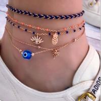 Zinc Alloy Anklet, plated, 5 pieces & evil eye pattern & for woman & with rhinestone, golden 