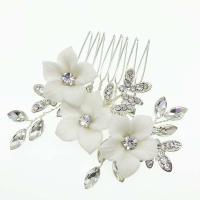 Bridal Decorative Hair Comb, Zinc Alloy, with Porcelain, stoving varnish, for bridal & with rhinestone, silver color 