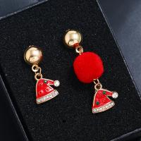 Zinc Alloy Asymmetric Earrings, with Plush, plated, Christmas jewelry & for woman & enamel & with rhinestone, red 
